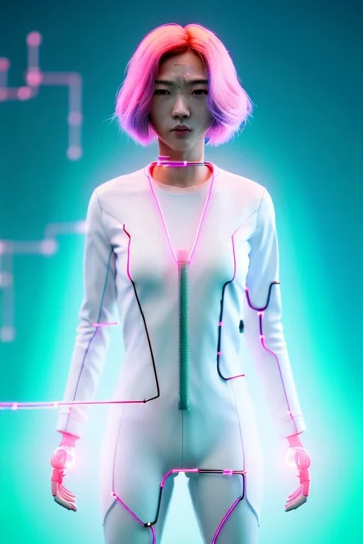 Medium shot body portrait, Asian cyborg woman :: symmetry photography, cyberpunk, pink hair, makeup, long line eye, light iris, :: latex coat, wires and circuits, pink, white, black :: cinematic, Ultra realistic, dark scene, soft color, highly detailed, unreal engine 5, RTX, ultra detail, 3d, finely drawn, high definition.