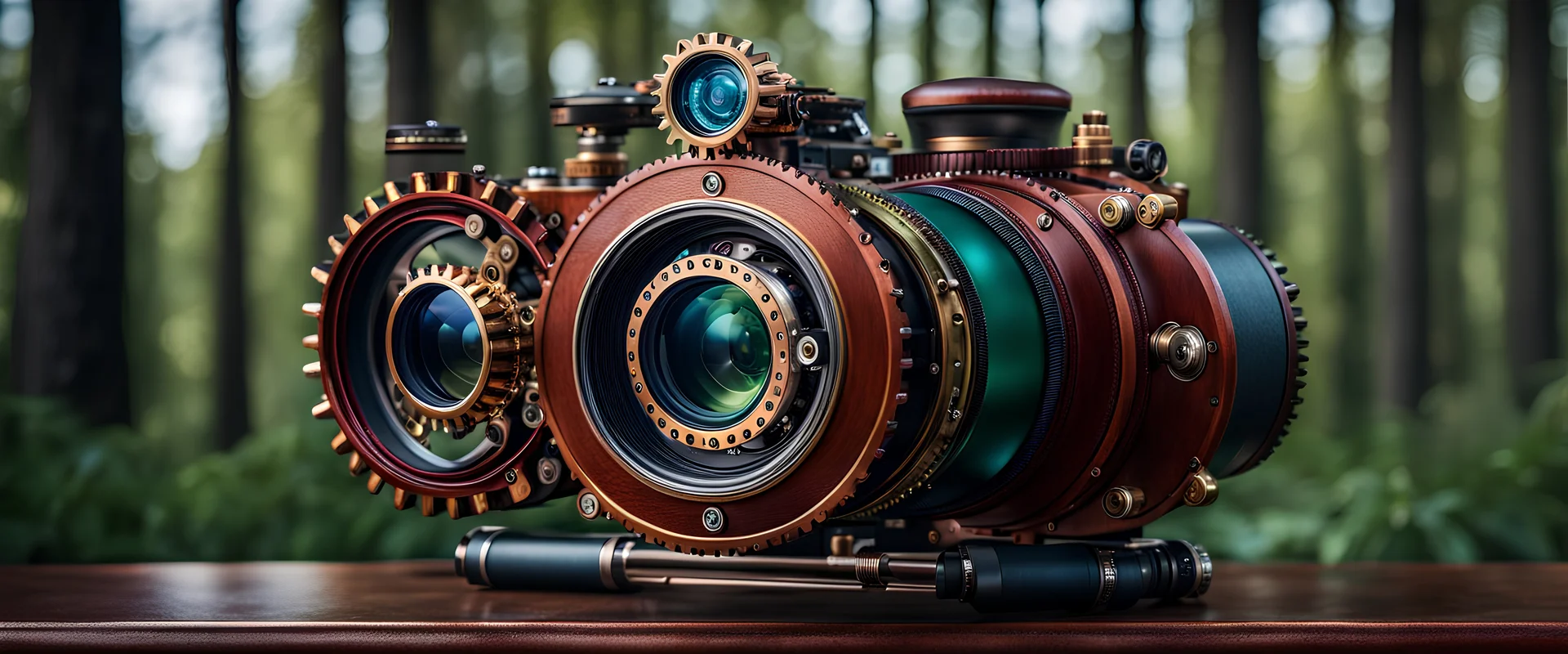 Ladybird inspired Steampunk symmetrical telescopic DSLR Camera, hyperrealism, intricate, 8k resolution quality, brown honey dark red pure leather armour steel and blue sage green metallic, cinematic FHD octane rendering. Zeiss high-end zoom lens, Obsidian real gears, forest background