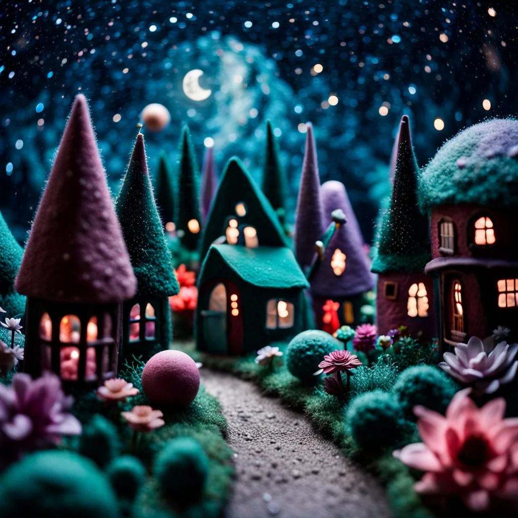 Detailed people, street made of modeling clay and felt, village, stars, galaxy and fog, planets, moon, volumetric light flowers, naïve, Henri Rousseau, strong texture, extreme detail, Yves Tanguy, decal, rich moody colors, sparkles, Harry Potter, bokeh, odd, shot on Ilford