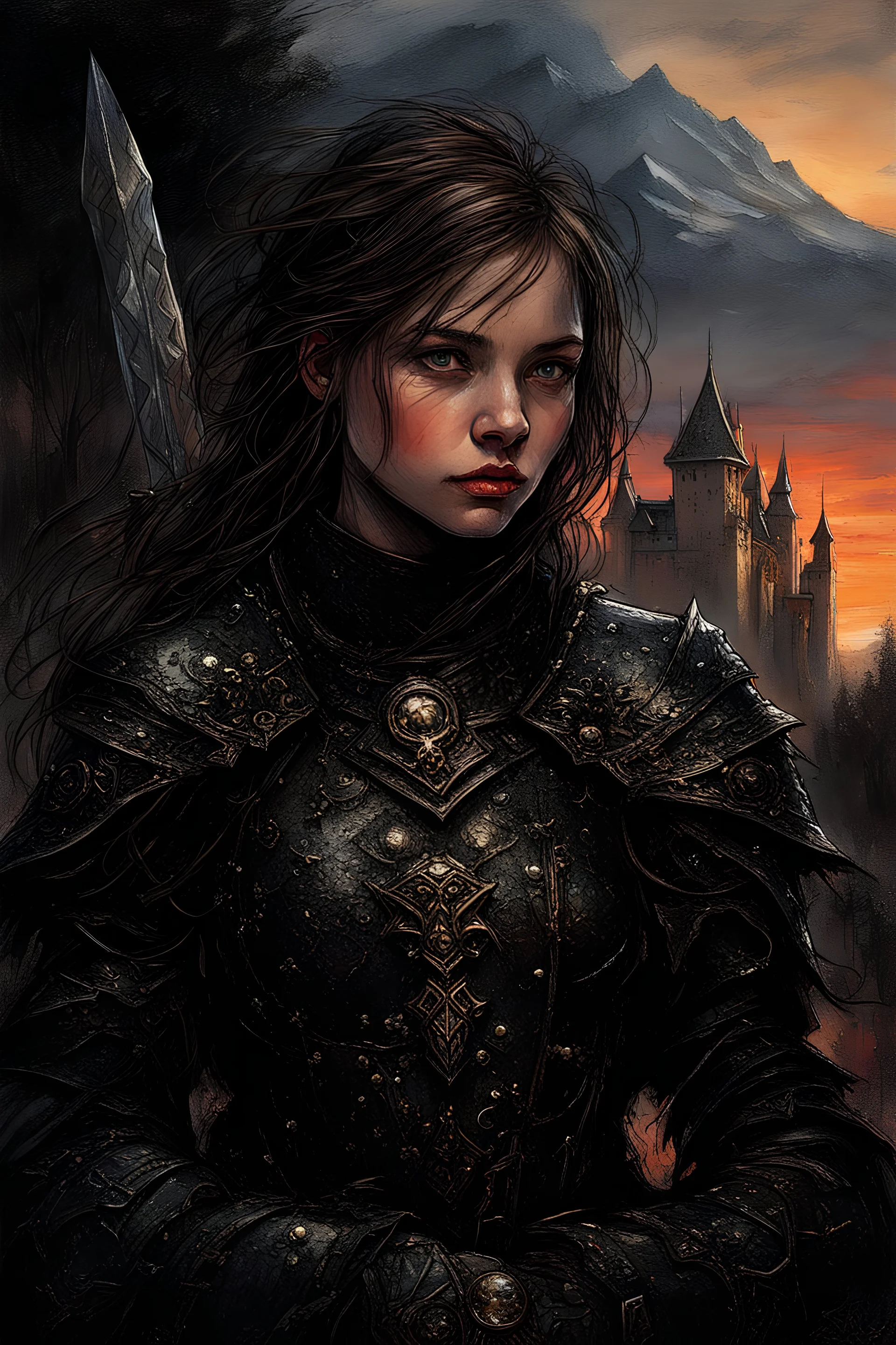 A formidable warrior girl in black armor, on the background Amazing gloomy landscape, flooded with sunset, mountains, trees, fabulous scary hero, , juicy emotions, painting, dark fantasy, gloomy day, dark world, portrait, Gothic Town At Night, Fantasy, Intricate Details, Castle Courtyard Gardens, Hyper Detailed, Jean Baptiste Monge, Carne Griffiths, Michael Garmash, Seb Mckinnon, Masterpiece