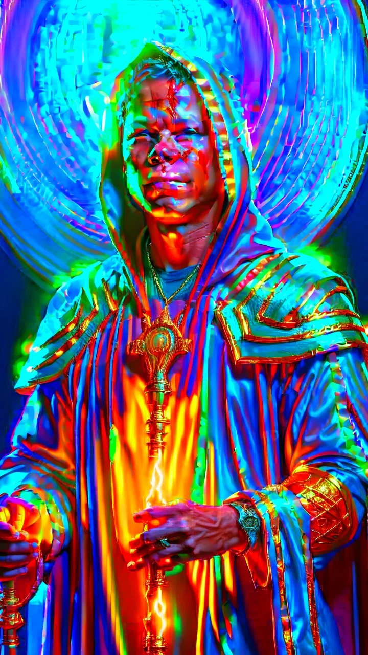 Retrato de Gustavo Petro guerrero con túnica y capucha, espada luminosa, cuerpo completo, calidad ultra, hiperdetallado, arte digital, 8k