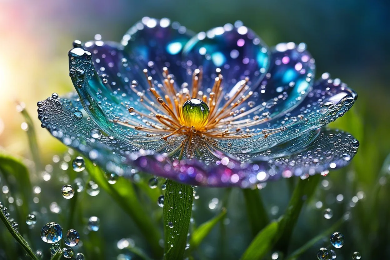 spring dew, macro photo, sparkling magical fantasy, glass flower dewdrop, very detailed, amazing quality, etheral, intricate, cinematic light, highly detailed, beautiful, epic, galaxy fantasy colors, stunning