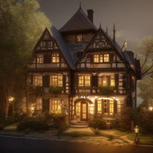 German village house, dark, candle light, LCD tv, 16k quality, hyper realistic, 3d render, dramatic lighting, octane render, volumetric lighting