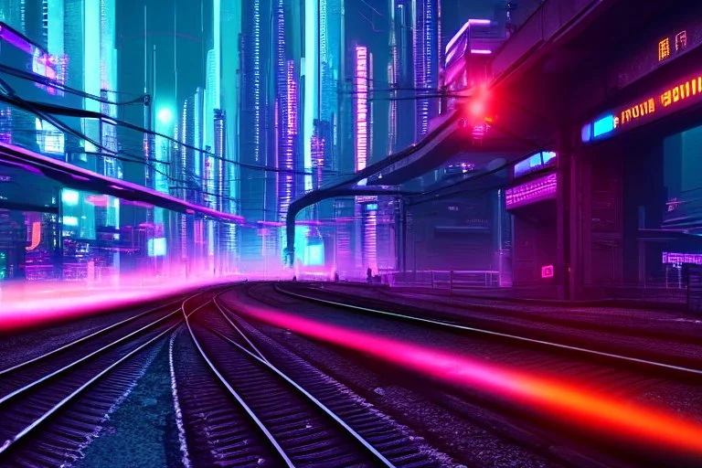 Cyberpunk street with holograms and train, 4k