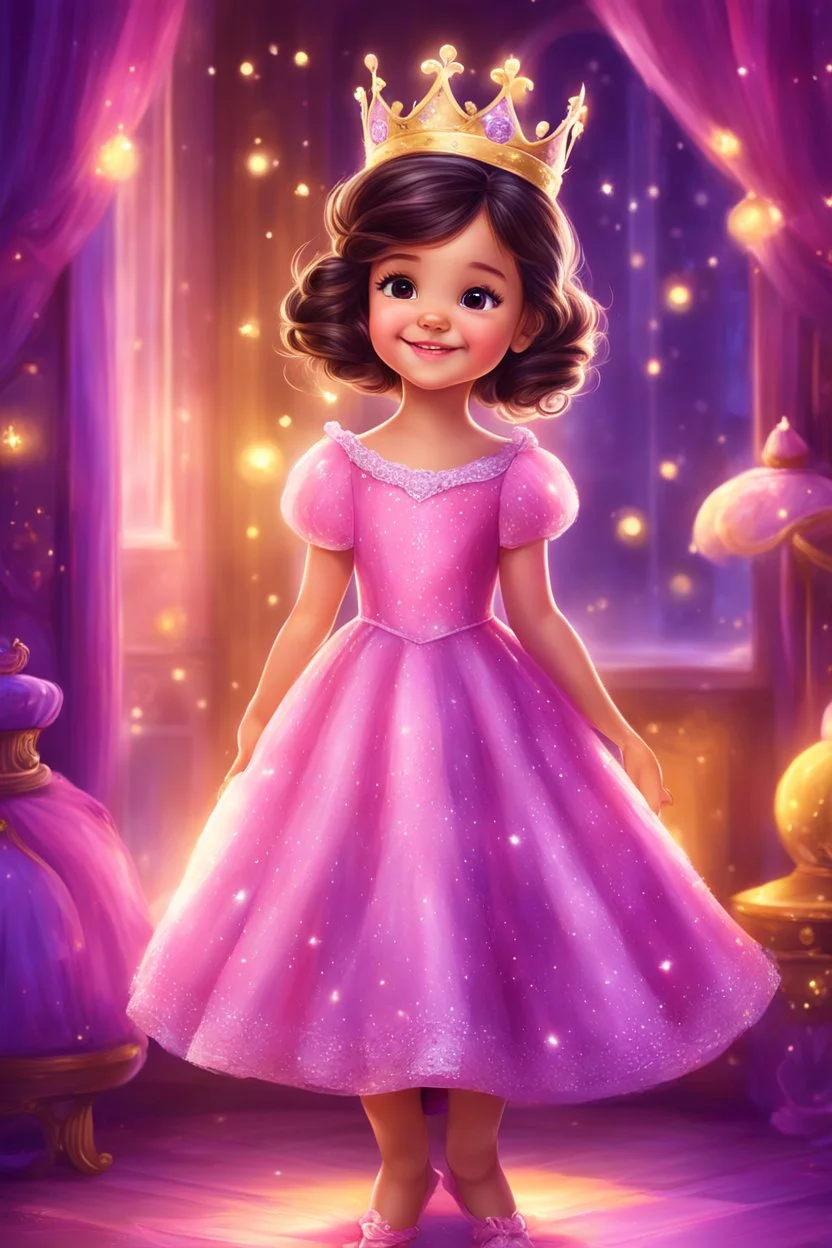 Digital painting of a cute little girl in a gorgeous pink dress, front view, Agnes face, smile, shiny crown, dark hair, glowing eyes, cute face, adorable cute girl, cozy room in purple and yellow in the background, sparkles, Disney art, digital painting style, high quality, 4k