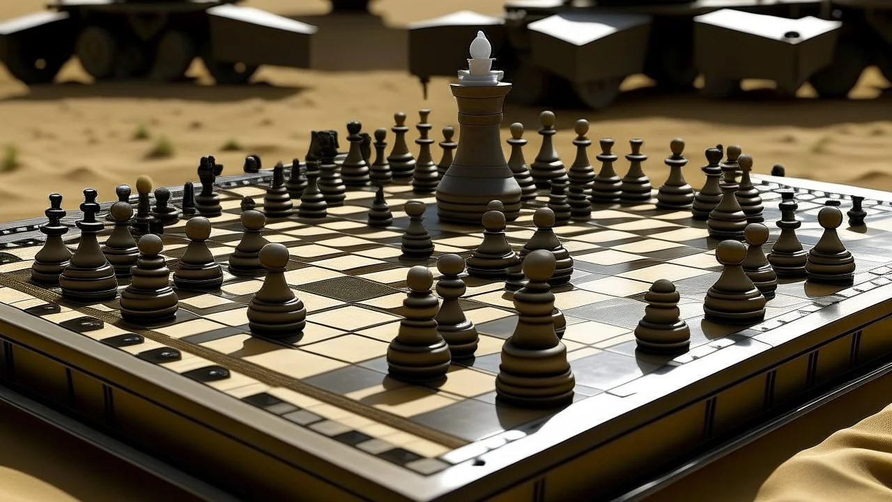 A chessboard with holes in it and Israeli tanks in place of the chess pieces