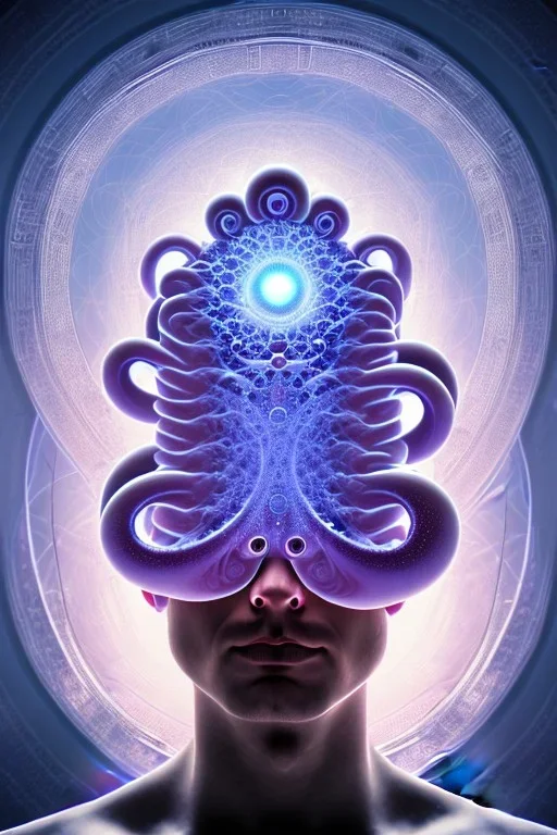 Spiritual sphere with Tentacles over human Head creating reality around, asymmetrically wrapping Tentacles around Human, Dimethyltryptamine