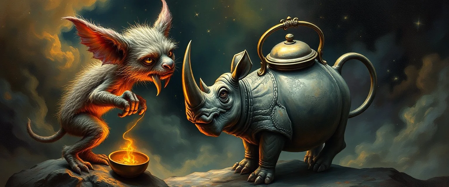 fuzz sponge tube gremlin fox demon in the astral realm with a tea kettle rhino, painted by Rembrandt