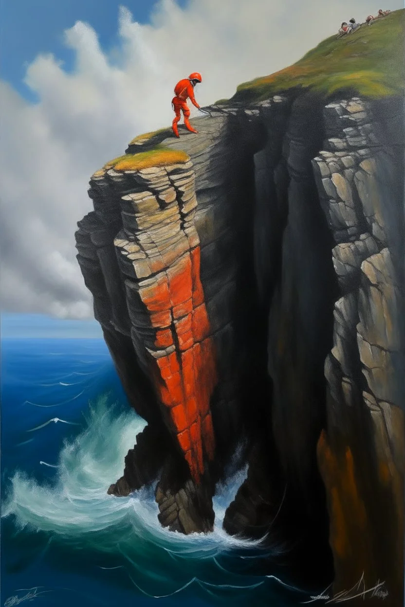 Big nose cliff diver that is about to hit an ambolt, prize winning oil painting