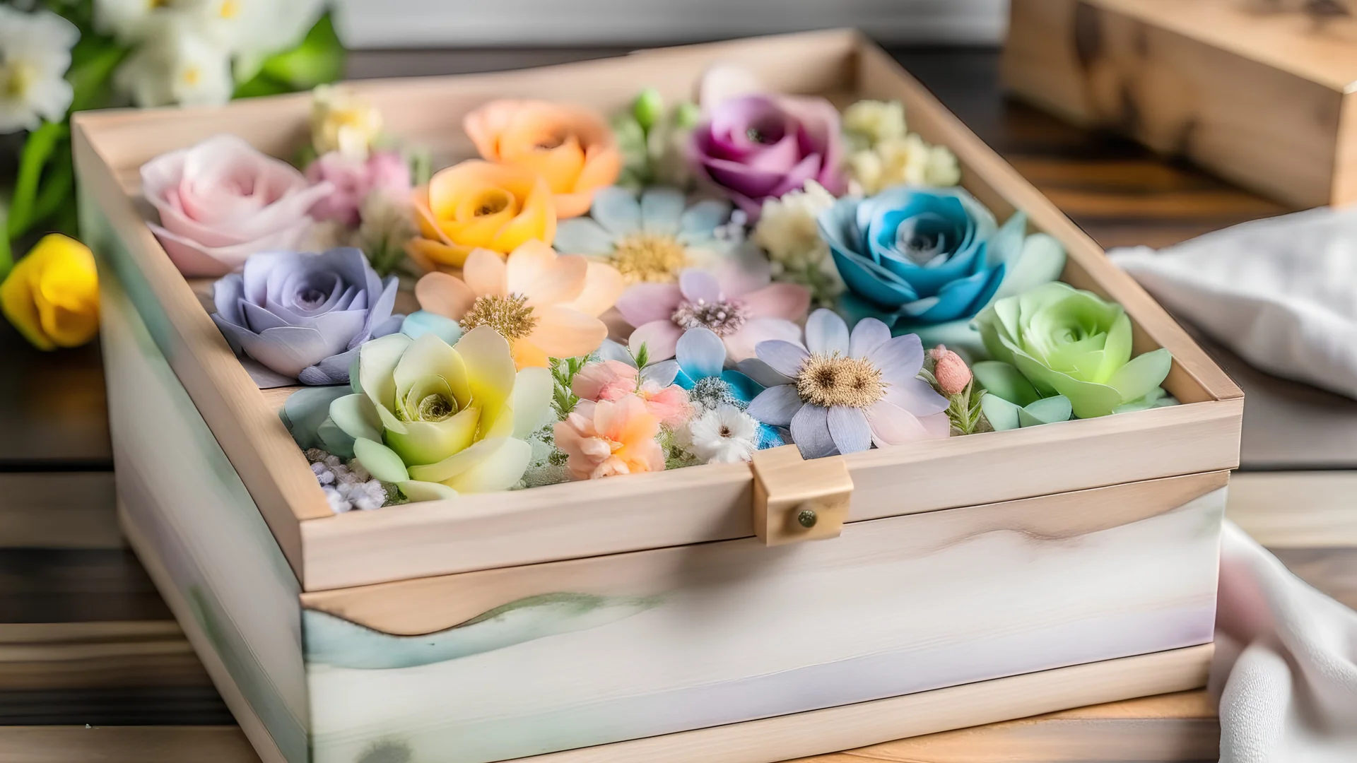 wooden box of pastel watercolor flowers, show all sides of the box