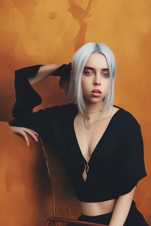 Billie Eilish, sitting on a chair, Black Short Dress, high detail, realistic, 8k