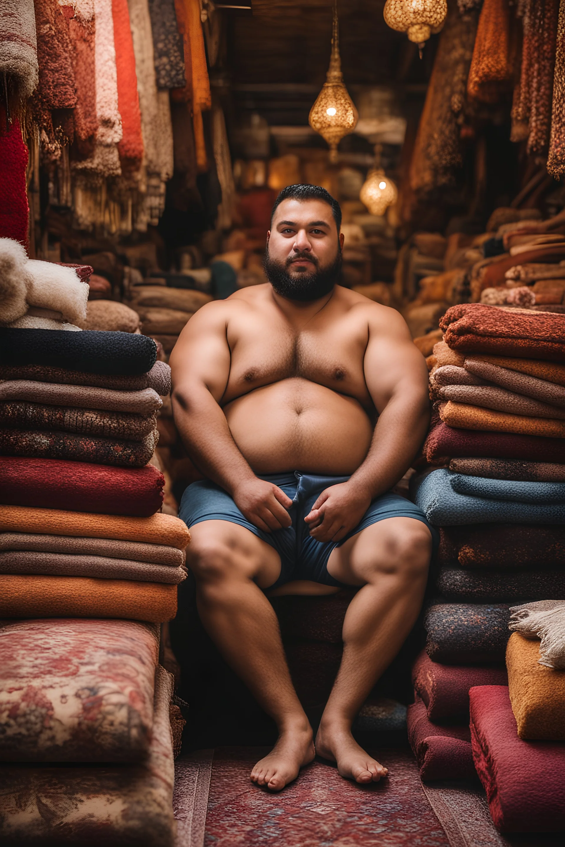 close up photography of a burly chubby muscular strong 23-year-old turkish man in Istanbul bazaar, shirtless, wearing shorts, short beard, selling carpets sitting on a pile of carpets, big shoulders, manly chest, very hairy, side light, view from the ground