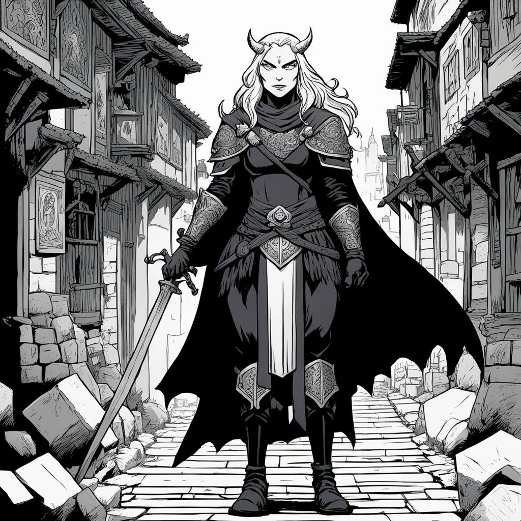 [comics Head Lopper style by Andrew MacLean] She moves with silent grace through the old winding streets of the medieval city, a master of the arts of thieves and illusion. Clad in dark garb that blends seamlessly with the shadows for torches, her eyes gleam with a hunger for novelty and adventure. The city is the playground of her illusions and tricks, its secrets and treasures ripe for the taking. The cobblestone streets echo in the slice of the night; she remains unseen, a phantom slipping t