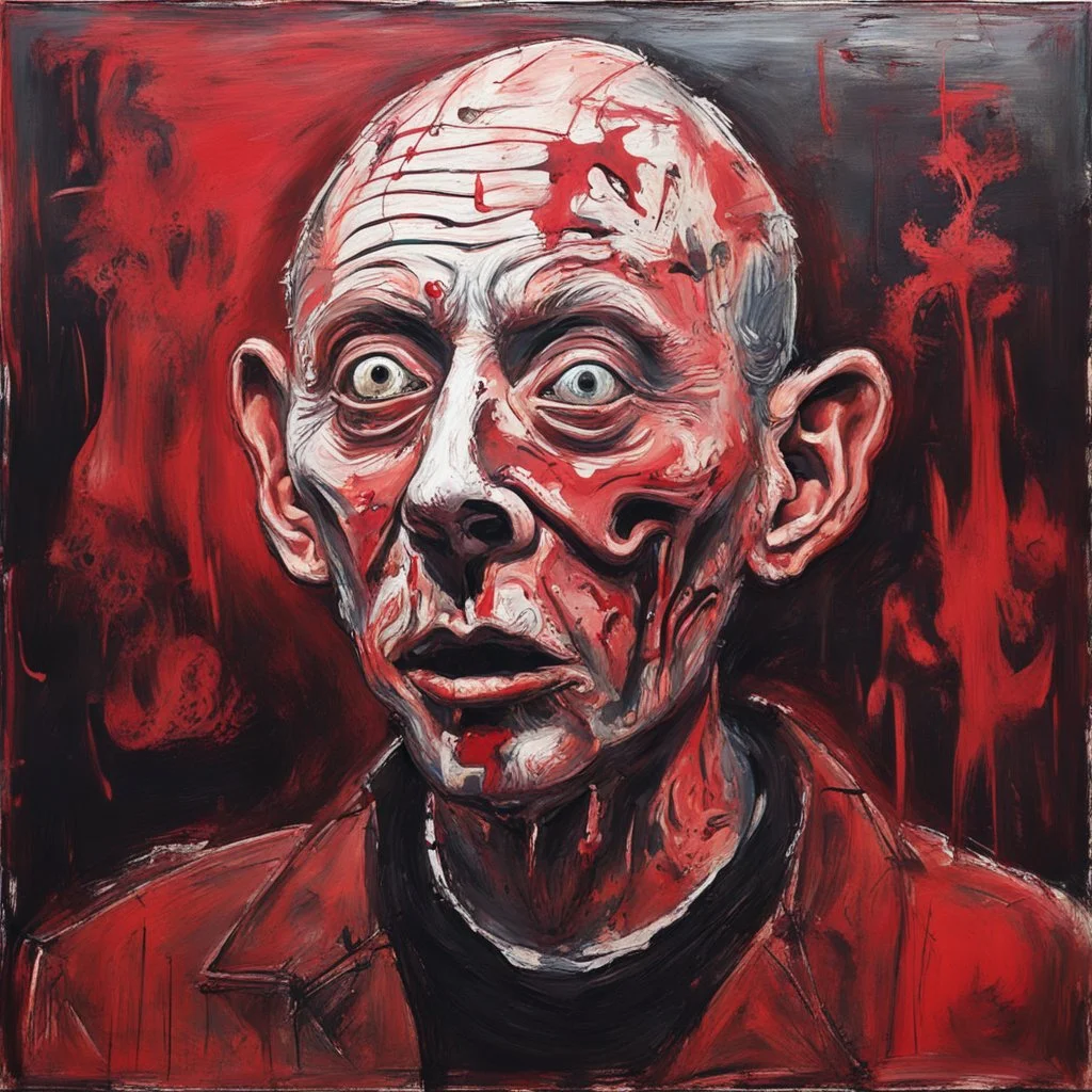 Mr Gein and his skin mask, dramatic, horror, by Jonathan Meese, 2D loose stroke oil painting, scary crimson hues, impressionism