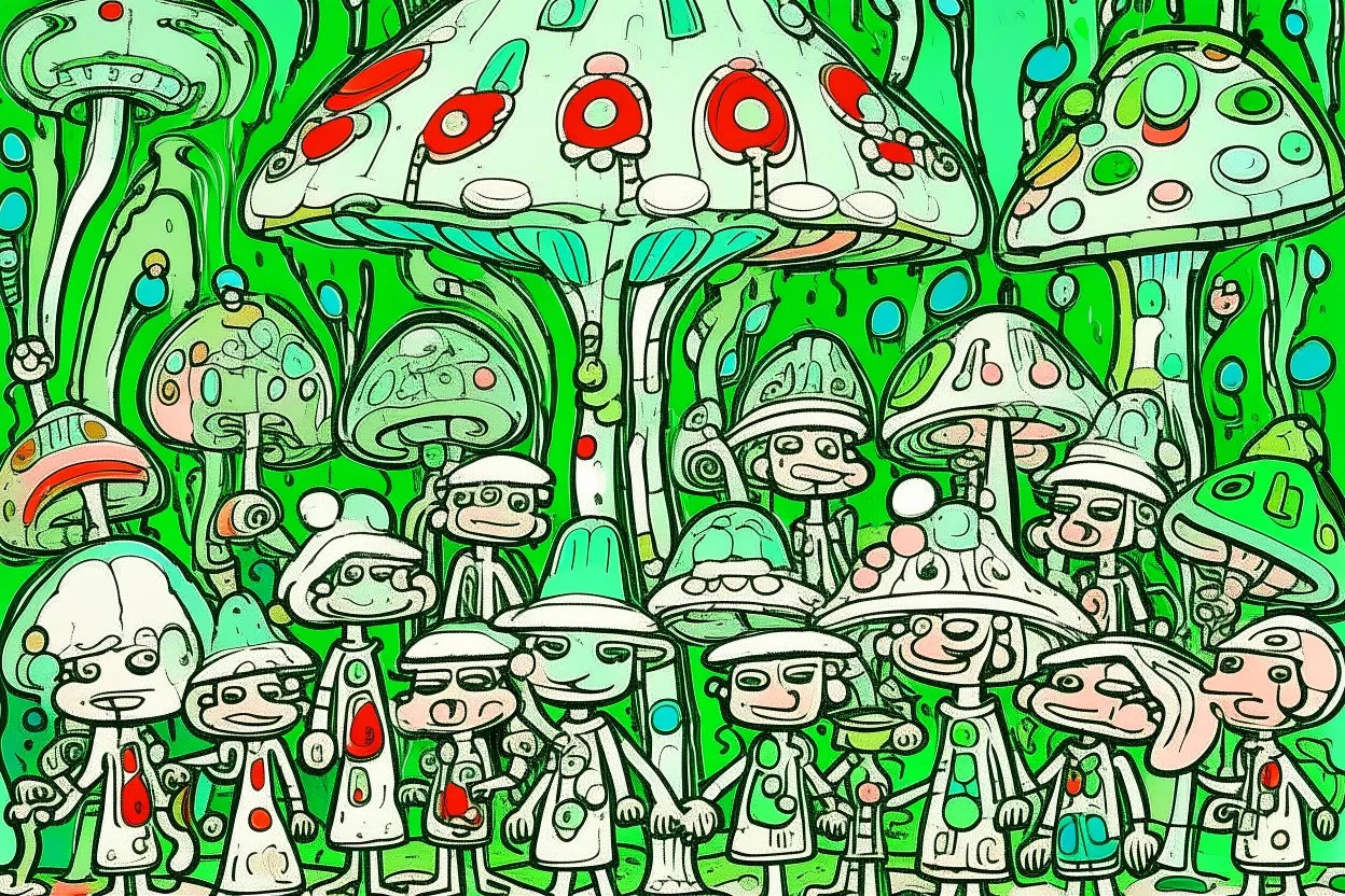 A mint colored mushroom themed carnival painted by Jean Dubuffet