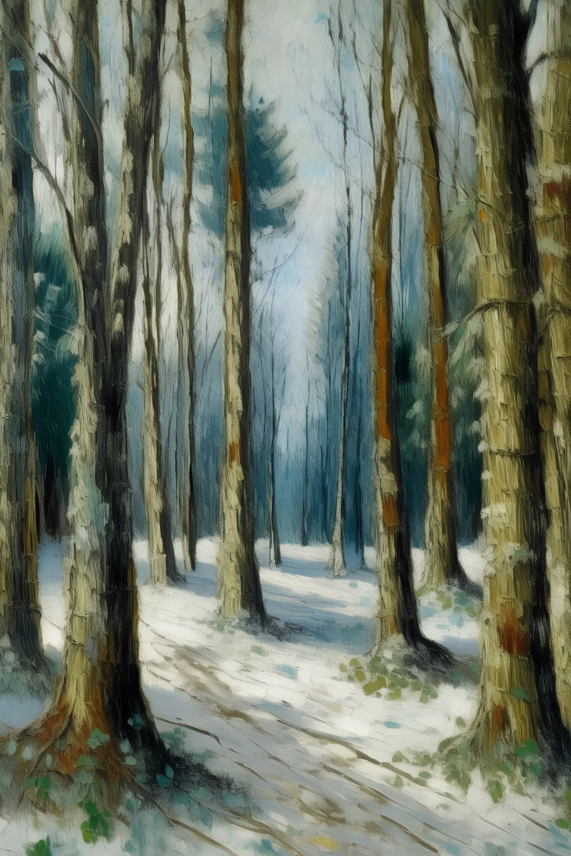 a winter forest with a lot of trees in Claude Monet's painting style