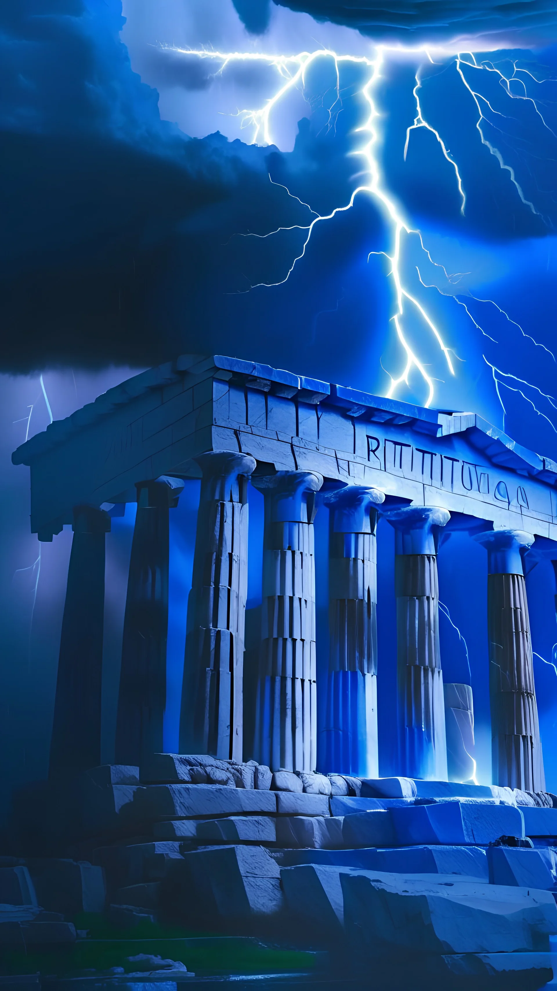 a lightning strikes behind the parthenon of the parthenon, a matte painting by Exekias, pixabay contest winner, neoclassicism, matte painting, behance hd, photoillustration, blue colors, colorful