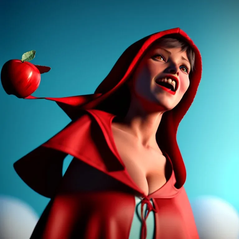 Red Riding Hood looks up to the sky while eating an apple on a balloon.