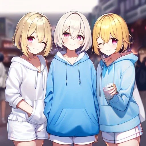 Clear focus, High resolution, short blonde hair, pink eyes, wearing a light blue and white oversized hoodie, wearing white shorts, hair between eyes, smiling, eyes closed