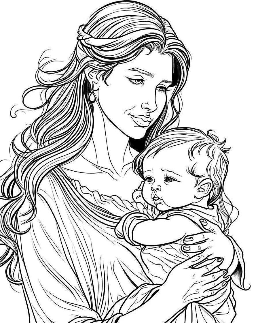 real mother coloring pages b/w outline art for kids coloring book page,, Kids coloring pages, full white, kids style, white background, whole body, Sketch style, full body (((((white background))))), only use outline., cartoon style, line art, coloring book, clean line art, white background, Sketch style