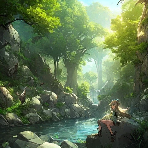 anime girl meditating pose, rock trees, birds, creek