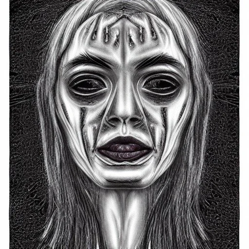 Silver on black paper portrait of female face of migraine, face distorted with pain, reverse colors, screaming, tears streaming from eyes, colorless, glitchcore, dystopian, horror, ultra realist texture, intricate line drawing,