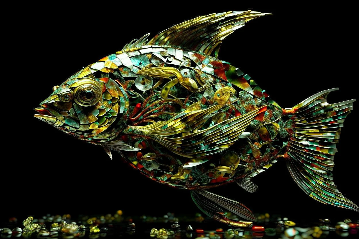 fishy structural glitch, arafed zero-composition, impossible intersection of exploding rusty scrap metal and glass fragments. Arafed tectonic fish geometry with uncanny negative space, Fish storm vibe. Ultrafade random bleak colors: watery pale light green, black, yellow, red. perspective broken, photographic texture but zero logical form. Fragmented, unnerving, anti-symmetry