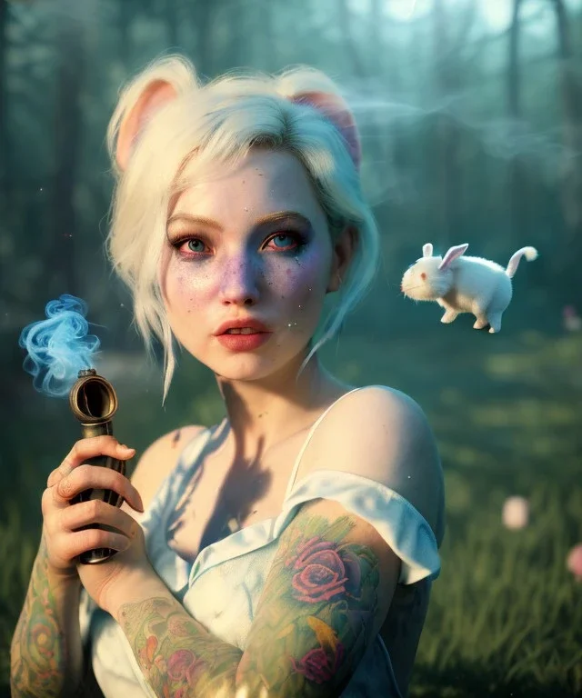 Ultra realistic wonderland photo, happy blonde woman smoking a pipe, blue dress, white rabbit pet, circus dress style, old school tattoo, smoke, marijuana garden, glow eyes, perfect iris, soft color, highly detailed, unreal engine 5, ray tracing, RTX, lumen lighting, ultra detail, volumetric lighting, high definition.