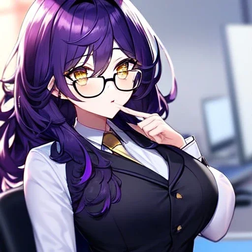 Clear focus, 8k, high quality, detailed, beautiful lighting, girl, vibrant colors, purple long hair, vibrant golden eyes, office clothes, black glasses, messy hair, beautiful eyelashes,