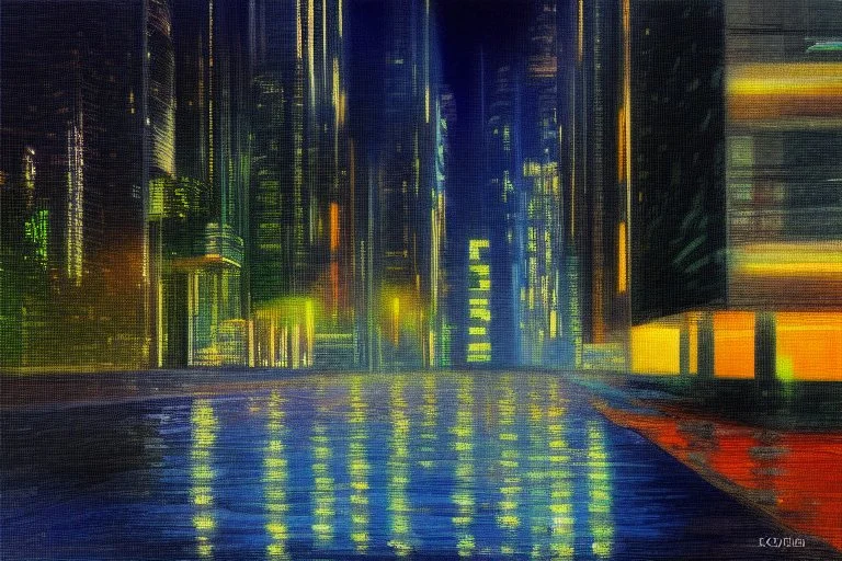 Night, cyberpunk buildings near pine trees, impressionism painting