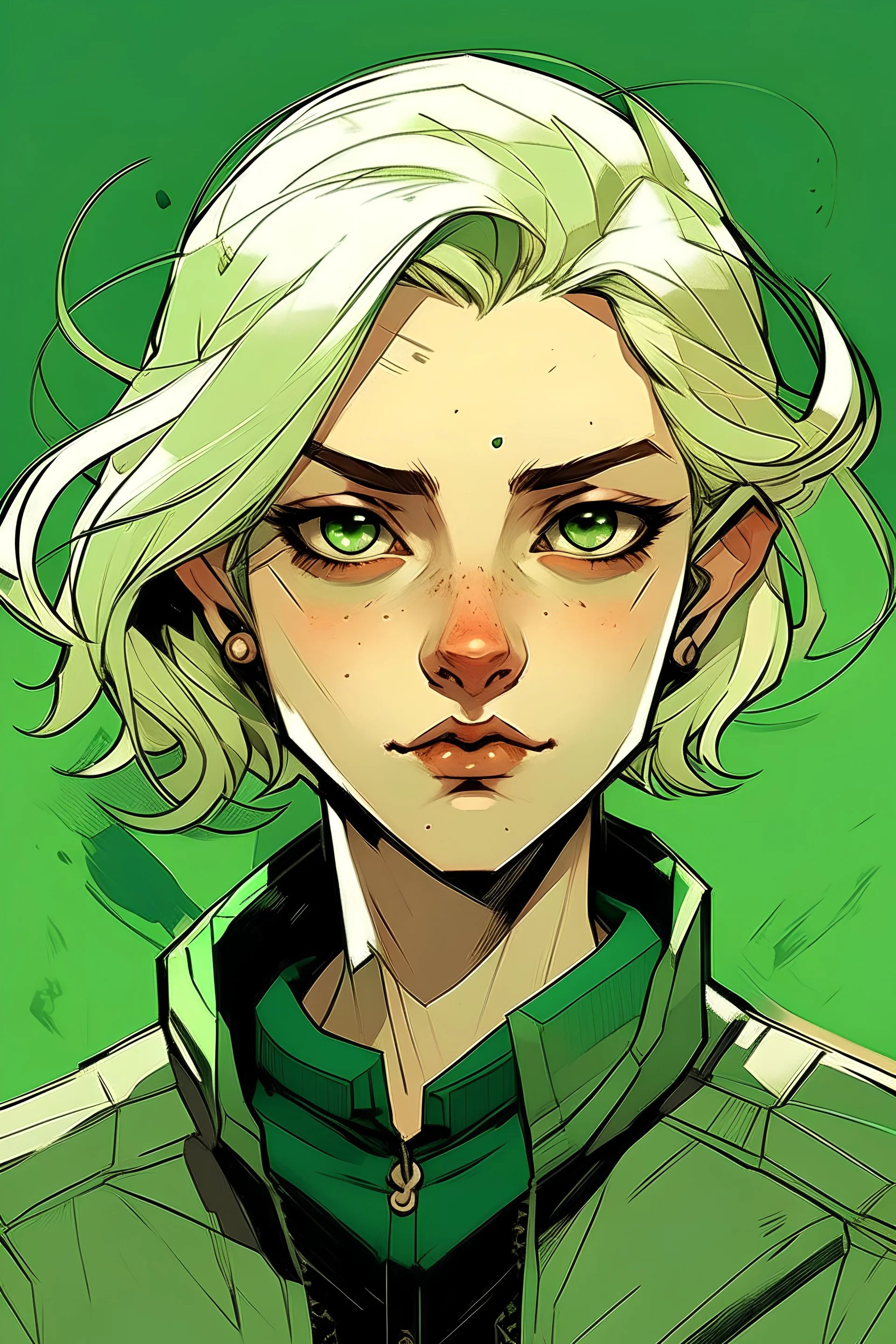 androgynous blonde green eyed smirking mischievous teen, art by gabriel picolo