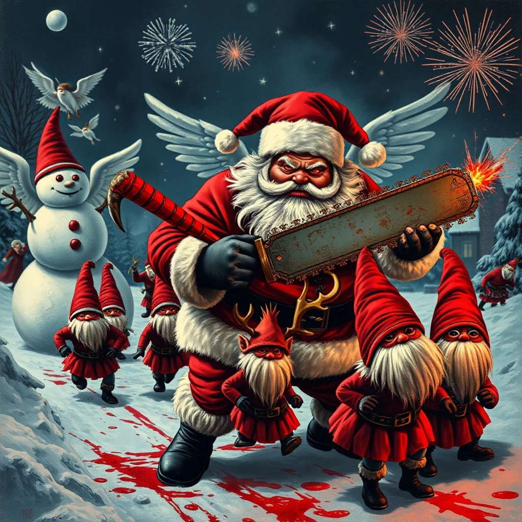 there is no kebabs at christmas, evil Santa, evil gnomes running around, staring flaming eyes, evil Rudolf, very big evil melting angry Frosty the snowman in background, 1940 christmas postcard, blood stains, Flying angels, Santa holding a chainsaw, fireworks