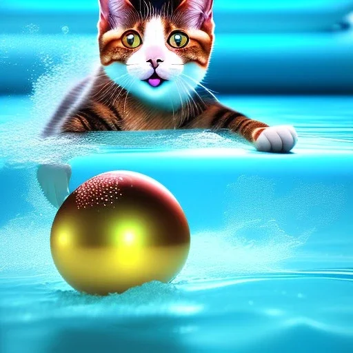 Eine Katze schwimmt im Swimmingpool, realistic Foto, all details cgi and effects