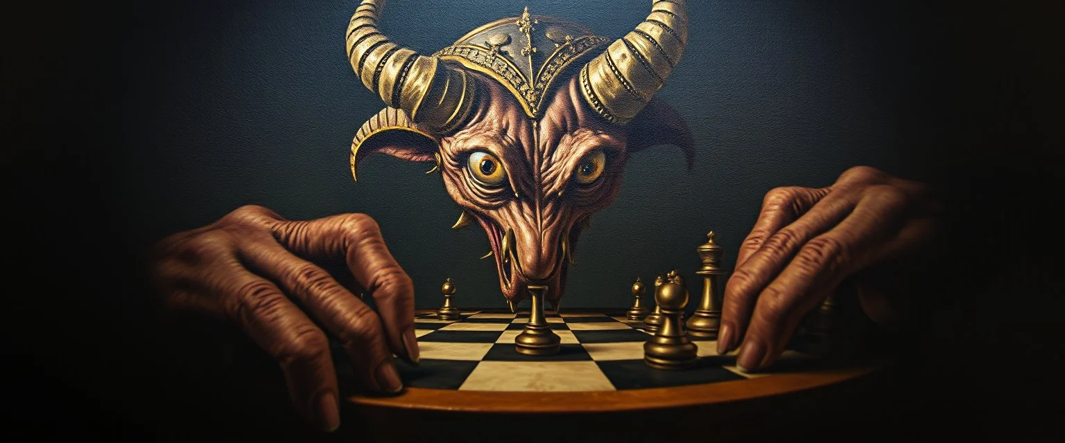 pin hole cam, master oil painting by Rembrandt, realistic rendering one eyed media chess demon