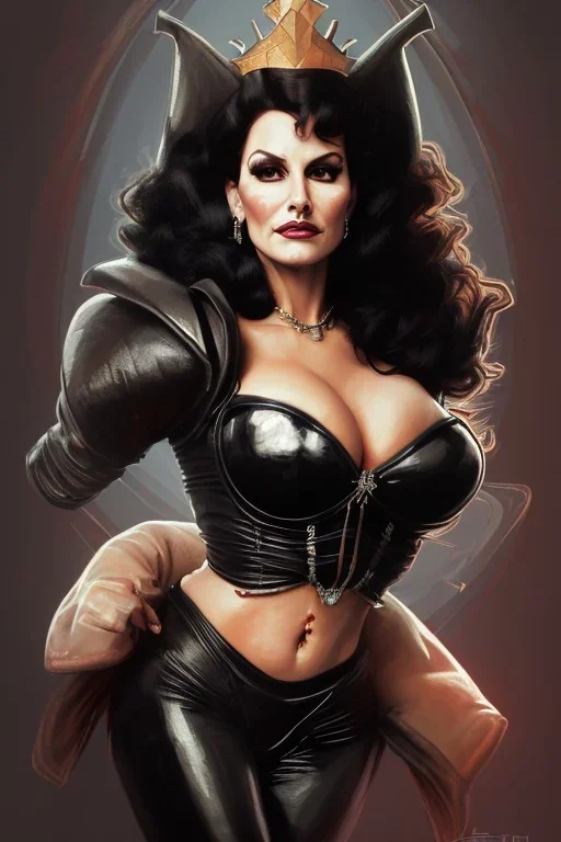 painting of lisa ann as evil queen in black leather, feminie, angry, stern look on her face, volouptous, busty, cleavage, emperious, mature, highly detailed, digital painting, artstation, concept art, smooth, sharp focus, illustration, art by gaston bussiere and alphonse mucha