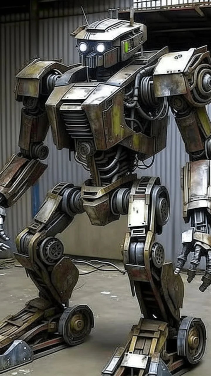 trash mech suit, human sized, made of scrap metal