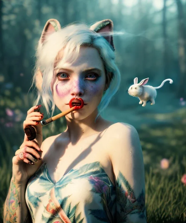 Ultra realistic wonderland photo, happy blonde woman smoking a pipe, blue dress, white rabbit pet, circus dress style, old school tattoo, smoke, marijuana garden, glow eyes, perfect iris, soft color, highly detailed, unreal engine 5, ray tracing, RTX, lumen lighting, ultra detail, volumetric lighting, high definition.