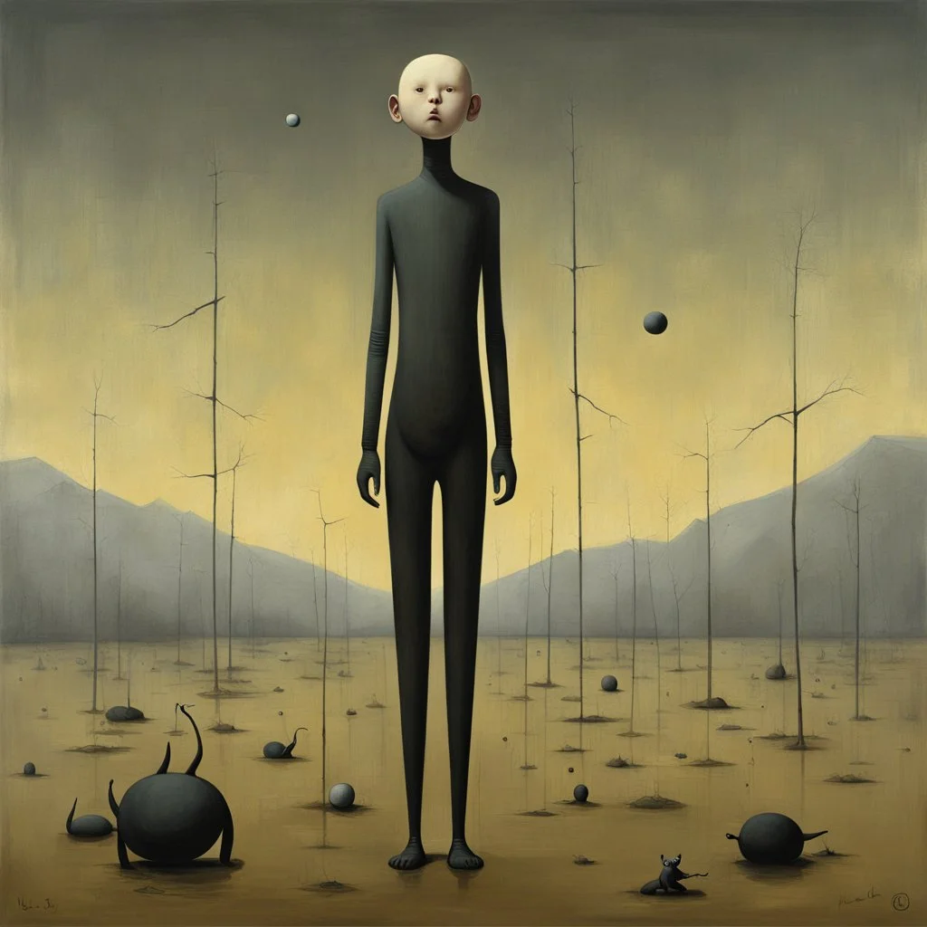 Dark Shines Taller lead to the sins of the crawler, Liu Ye and Joan Miro deliver a surreal masterpiece, muted colors, sinister, creepy, sharp focus, asymmetric, upside-down elements for no reason