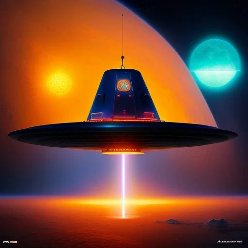 fullbody Drawing of 'Haunebu-II WW2 Flying Saucer with yellow light beam',intricate detail,andrea bonelli,Kilian Eng,Ohrai,evan lee,Aleksandr Sidelnikov,KyuYong Eom,three quarters frontal aerial view,toned colors,16k