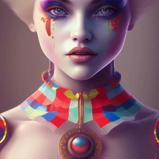 clown girl, excellent skin, symmetrical, soft lighting, detailed face, concept art, digital painting, looking into camera