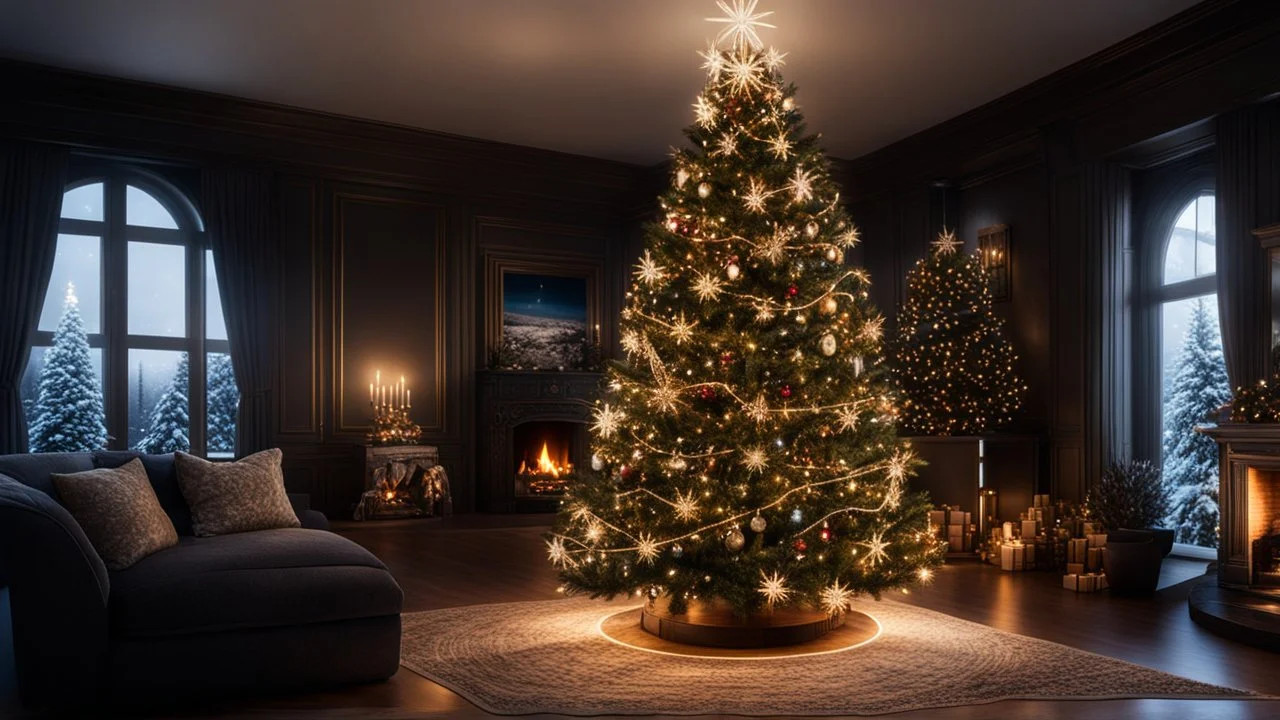 darkness,photoreal A majestic Christmas tree in the living room , adorned with twinkling lights, in the living room,next to the fireplace,christmas decoration,lights off,cozy,calm,high-quality photograph,otherworldly creature, in the style of fantasy movies, photorealistic, shot on Hasselblad h6d-400c, zeiss prime lens, bokeh like f/0.8, tilt-shift lens 8k, high detail, smooth render, unreal engine 5, cinema 4d, HDR, dust effect, vivid colors,night