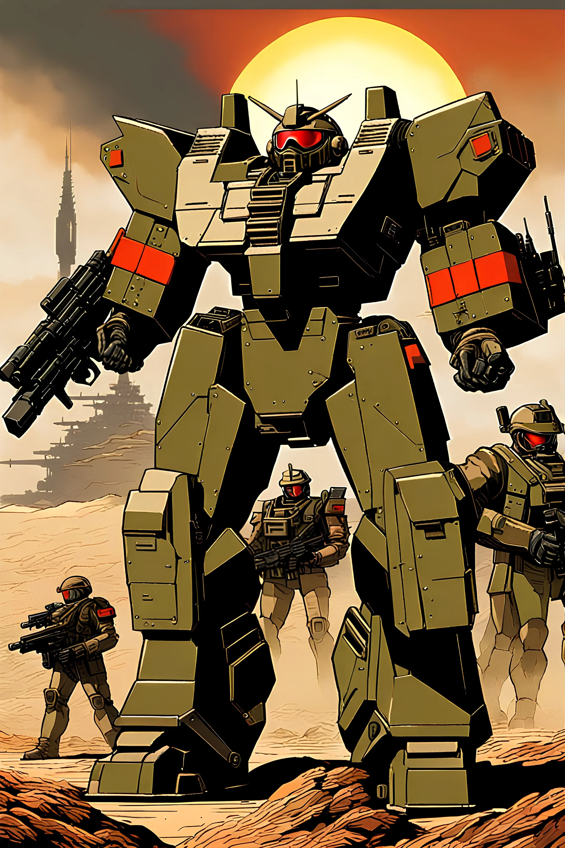 80s mecha, Fang of the Sun Dougram style, alternative history, realistic war photo, regular human soldiers on background.