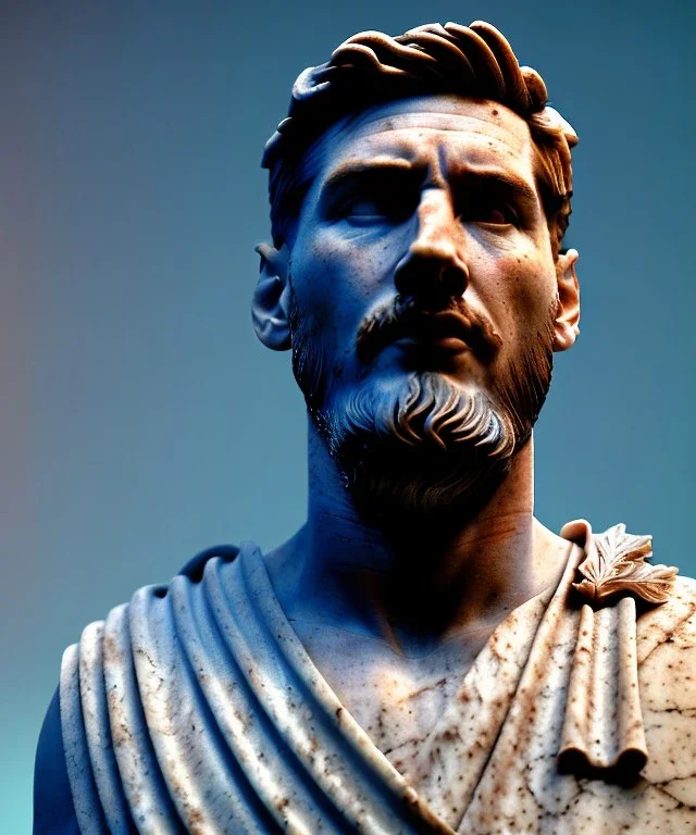 Ultra Realistic image, roman sculpture, marble deluxe material, Lionel Messi, Laurel leaves crown model, miguel angel style, chisel style, emperador, waist up portrait, cinematic lighting, God light, god rays, 4k resolution, smooth details, ornate details, soft lighting, unreal engine 5, sky background.