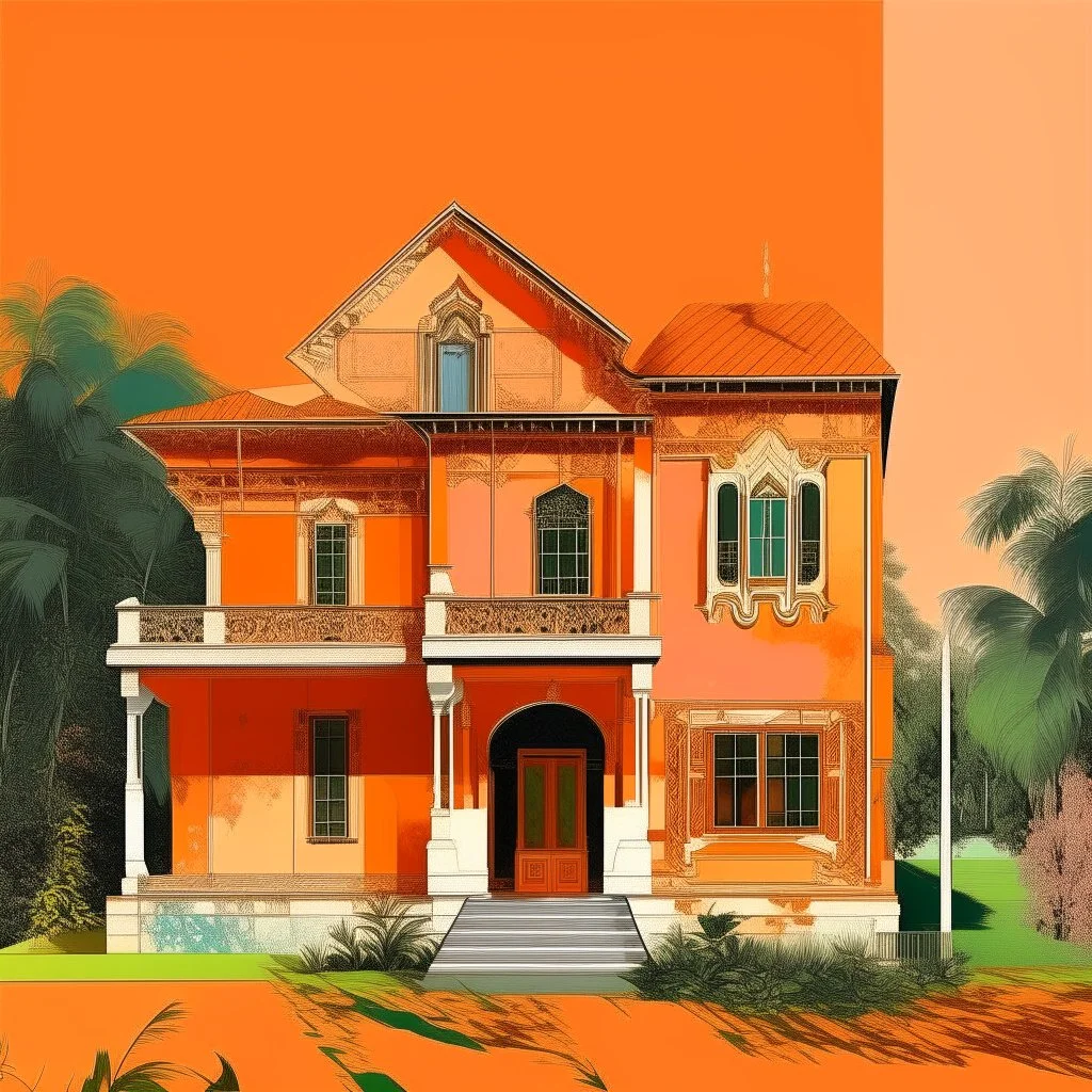 A light rosy orange colored virtual glitchy house designed in Indian Gond art painted by Gustave Courbet