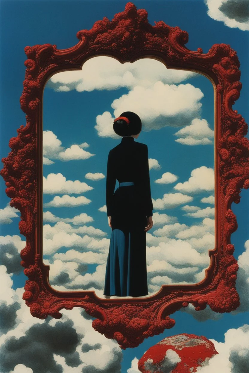 cloud in blue sky, a red lip, collage art, shuji terayama, dreamy objects, surreal, criterion collection, showa era, intricate details, mirror