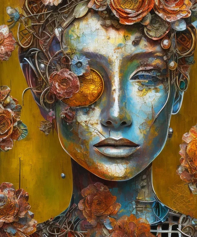  an abstract painting of rusted metal and flowers, african portrait, rust, scaffolding, iron cladding, decay, mixed media, textured, anatomically correct, beautiful perfect face, sharp focus, highly detailed, injured face