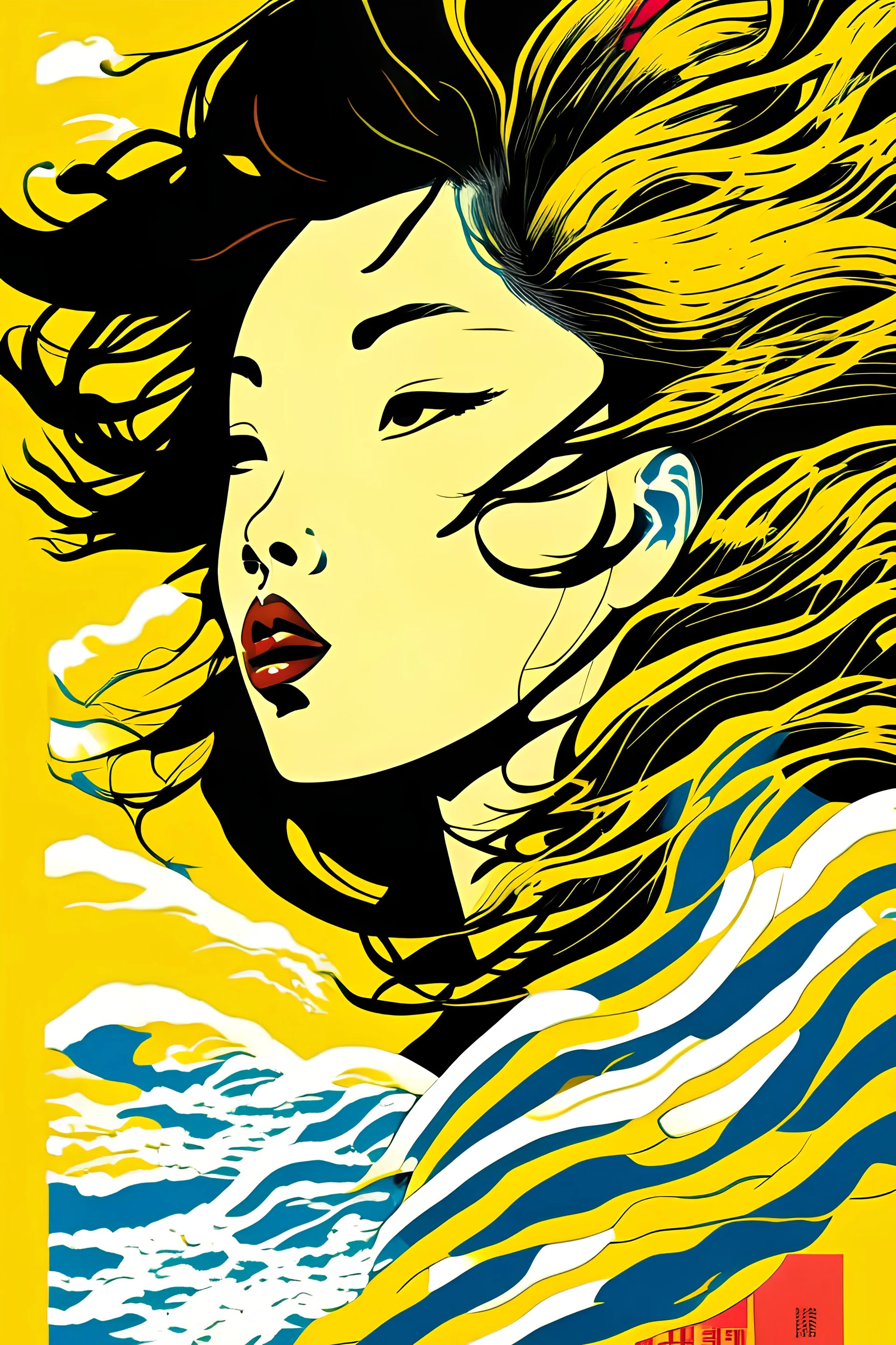 Vietnamese girl, primary colors with white highlights, half tone, close-up portrait, hair blown by the wind, Hokusai wave background, ukiyo-e style by Tomer Hanuka and Atey Ghailan and Roy Lichtenstein and Maxfield Parrish, expressive, in the style of official art, gorecore, koi fish and avian-themed, dark yellow and light black, oshare kei, full body.Vector, Cell shade,