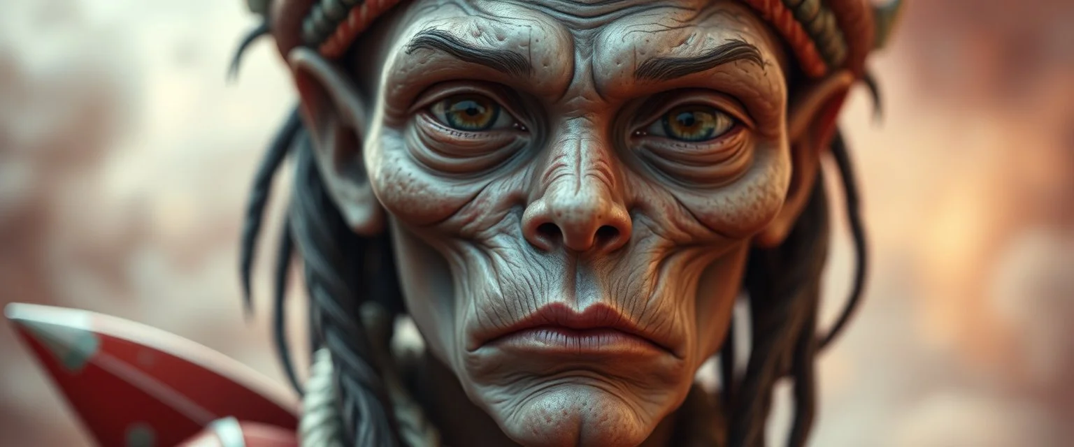 close up portrait with smooth grainy skin fine pores and real skin texture, clear transparent skin, wise eyes, hairy macho disco alien indian Homunculus – living in a hi tech marvellous hot dog art graphics and rune stone on rocket with a mounted sling shot mega harpoon, heading for venus , background motion blur and smoke swirls