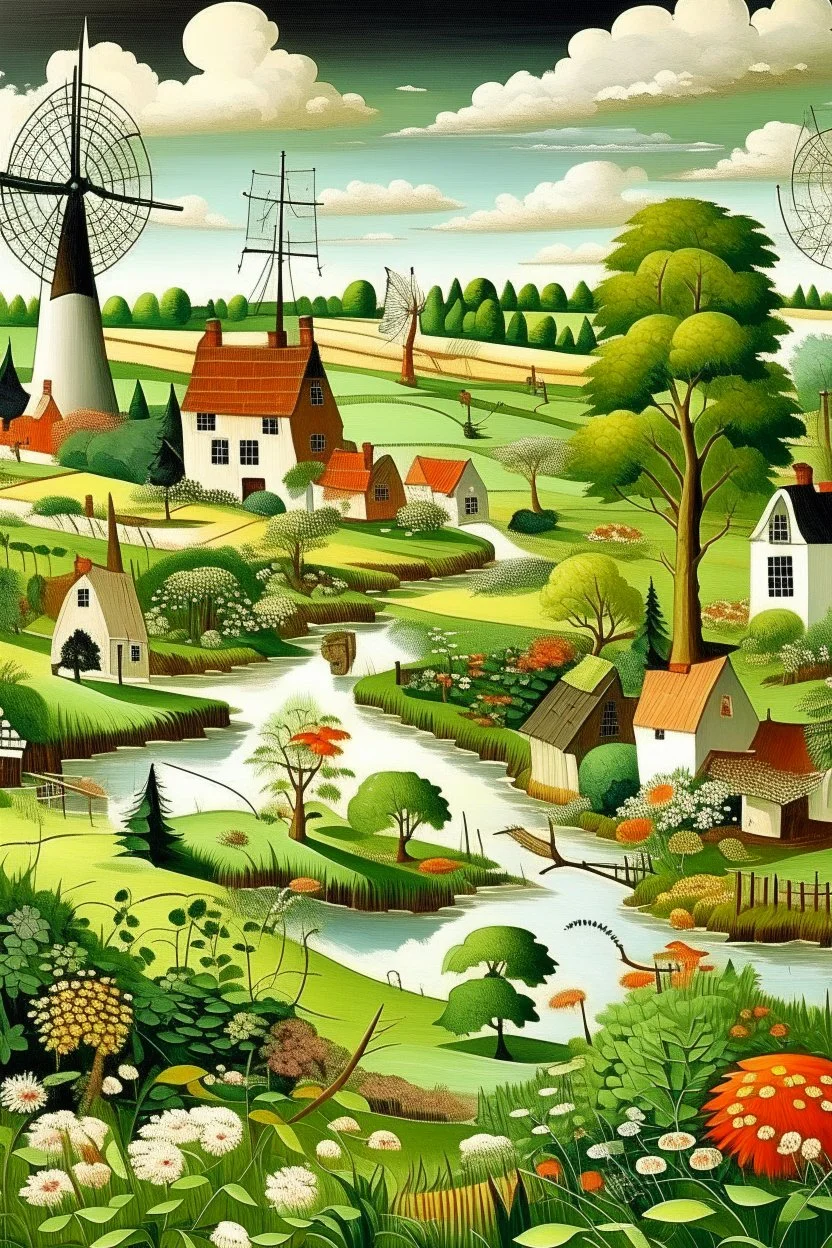 A white gusty village with windmills and gardens painted by Edward Hicks