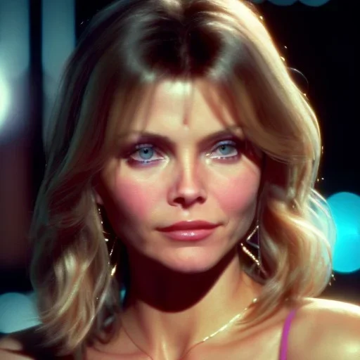 Photo of a gorgeous young Michelle Pfeiffer, wearing a Bikini, beautiful face, beautiful body; colorful energetic brush strokes, realistic, sharp focus, 8k high definition, insanely detailed, intricate, elegant